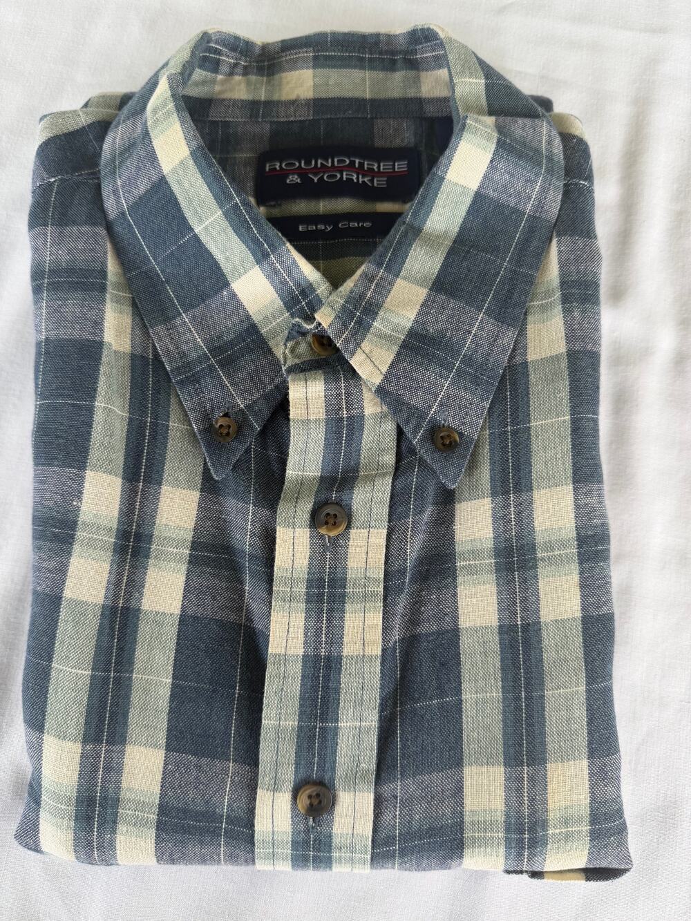 Fisherman Linen/Cotton Blend Coastal Resort Roundtree&Yorke Blue Plaid Shirt L